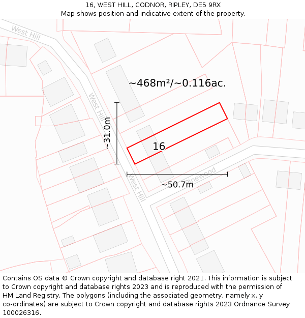 16, WEST HILL, CODNOR, RIPLEY, DE5 9RX: Plot and title map