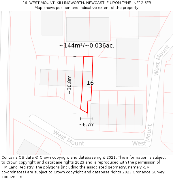 16, WEST MOUNT, KILLINGWORTH, NEWCASTLE UPON TYNE, NE12 6FR: Plot and title map