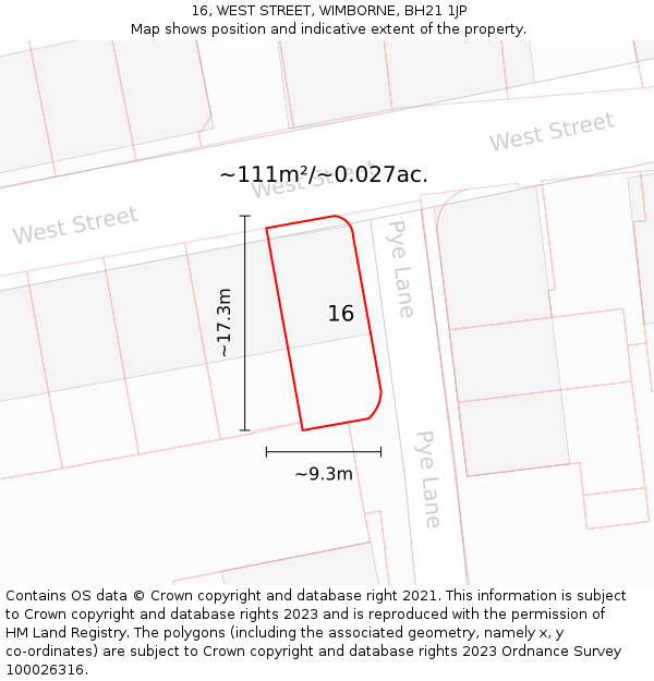 16, WEST STREET, WIMBORNE, BH21 1JP: Plot and title map