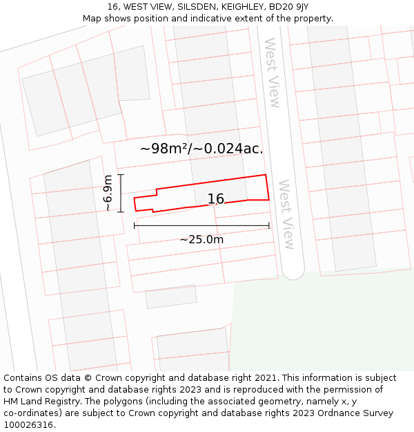 16, WEST VIEW, SILSDEN, KEIGHLEY, BD20 9JY: Plot and title map
