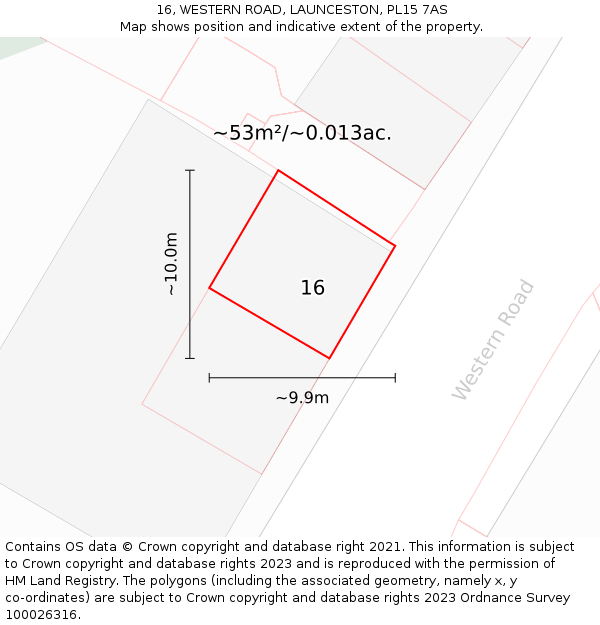 16, WESTERN ROAD, LAUNCESTON, PL15 7AS: Plot and title map