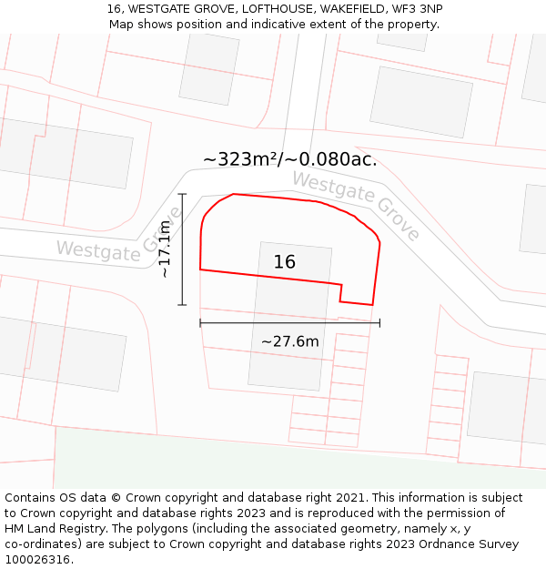 16, WESTGATE GROVE, LOFTHOUSE, WAKEFIELD, WF3 3NP: Plot and title map