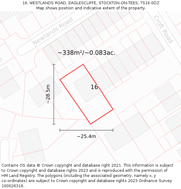 16, WESTLANDS ROAD, EAGLESCLIFFE, STOCKTON-ON-TEES, TS16 0DZ: Plot and title map