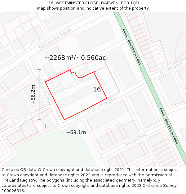 16, WESTMINSTER CLOSE, DARWEN, BB3 1QD: Plot and title map