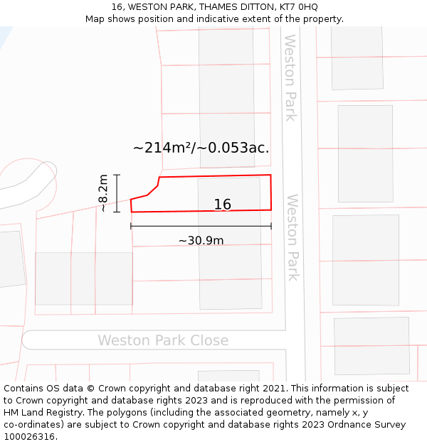 16, WESTON PARK, THAMES DITTON, KT7 0HQ: Plot and title map