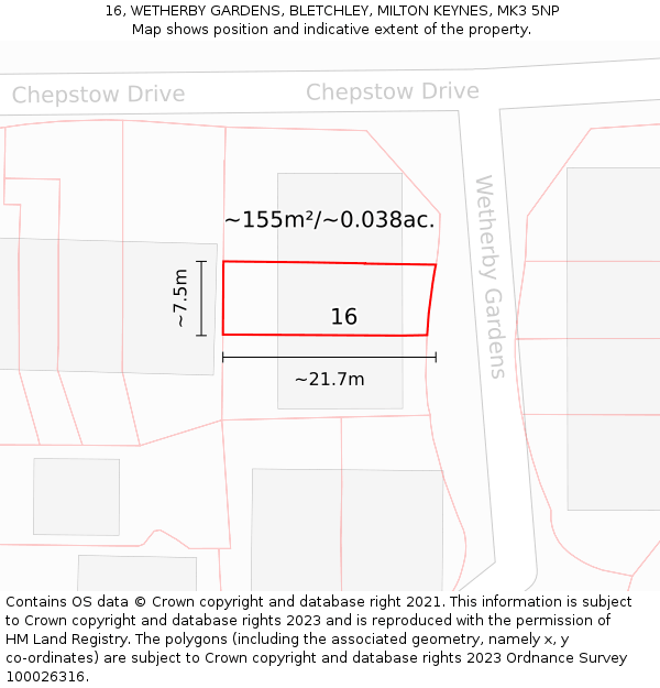 16, WETHERBY GARDENS, BLETCHLEY, MILTON KEYNES, MK3 5NP: Plot and title map