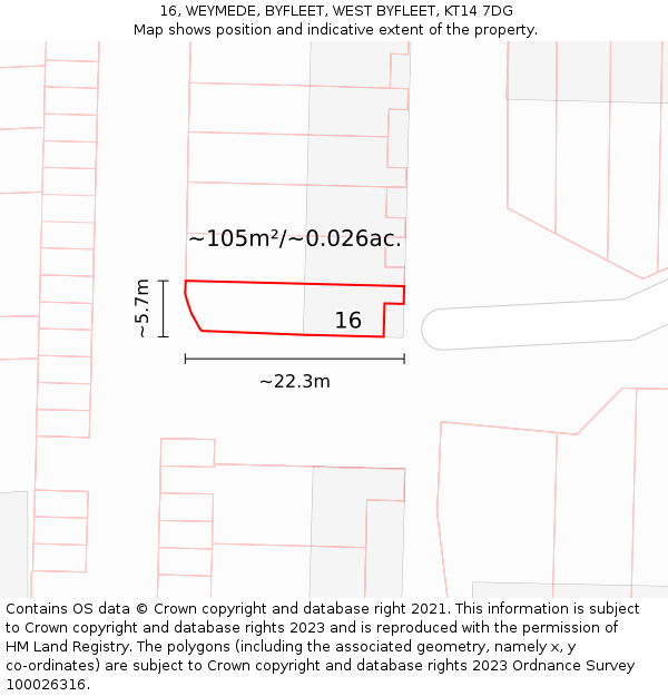 16, WEYMEDE, BYFLEET, WEST BYFLEET, KT14 7DG: Plot and title map