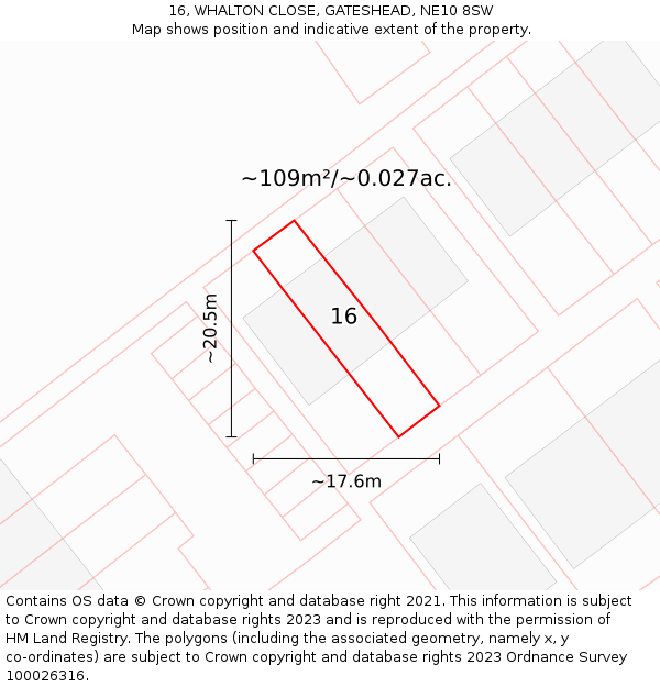 16, WHALTON CLOSE, GATESHEAD, NE10 8SW: Plot and title map