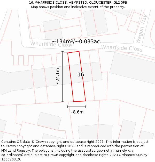 16, WHARFSIDE CLOSE, HEMPSTED, GLOUCESTER, GL2 5FB: Plot and title map