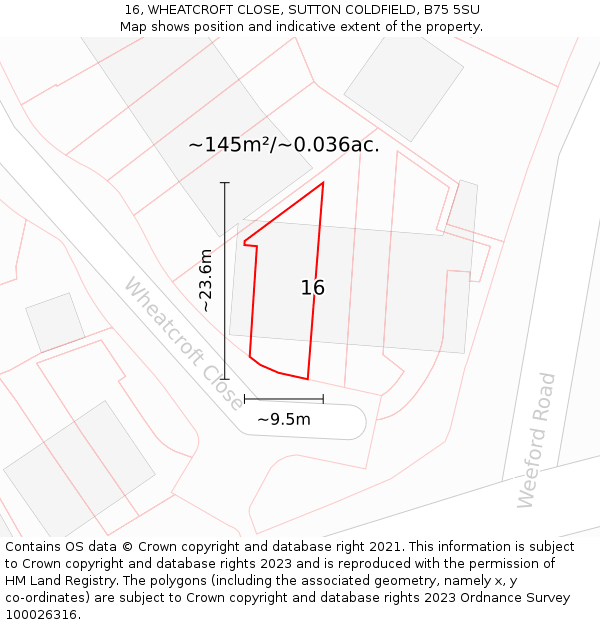 16, WHEATCROFT CLOSE, SUTTON COLDFIELD, B75 5SU: Plot and title map