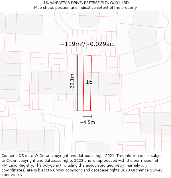 16, WHEATEAR DRIVE, PETERSFIELD, GU31 4RD: Plot and title map