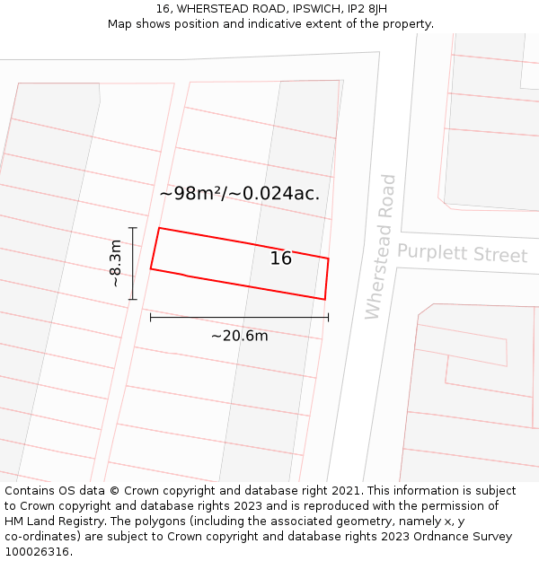 16, WHERSTEAD ROAD, IPSWICH, IP2 8JH: Plot and title map