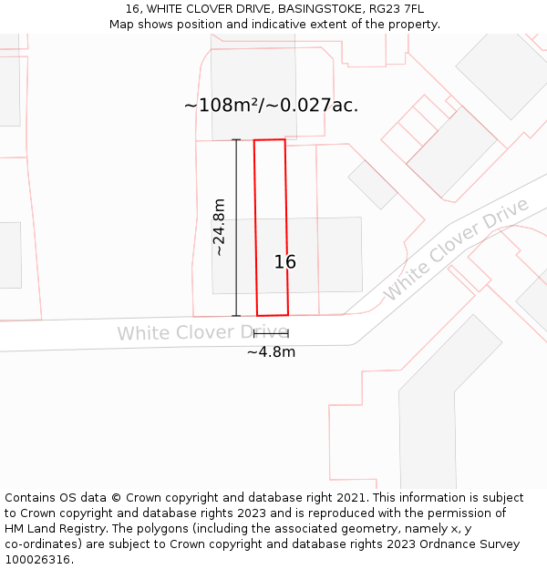 16, WHITE CLOVER DRIVE, BASINGSTOKE, RG23 7FL: Plot and title map