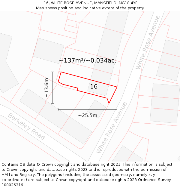 16, WHITE ROSE AVENUE, MANSFIELD, NG18 4YF: Plot and title map