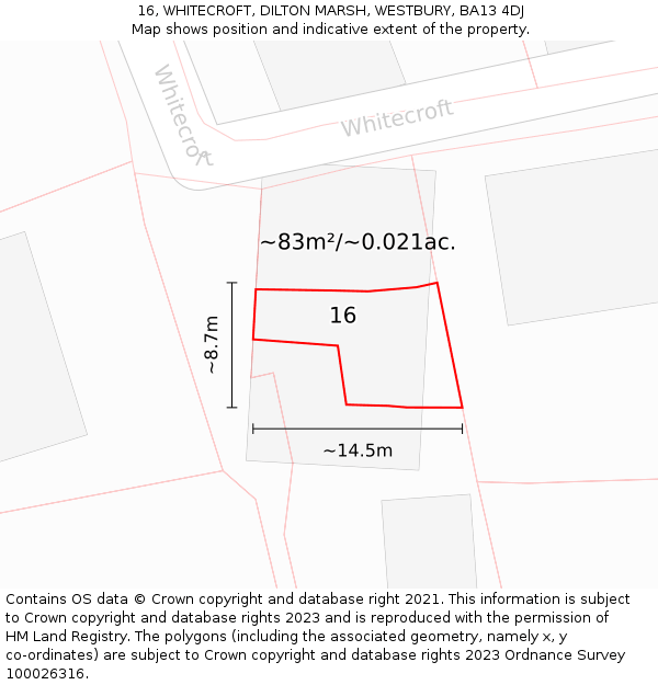 16, WHITECROFT, DILTON MARSH, WESTBURY, BA13 4DJ: Plot and title map
