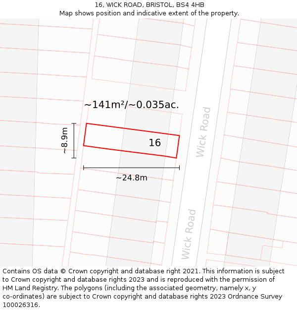 16, WICK ROAD, BRISTOL, BS4 4HB: Plot and title map