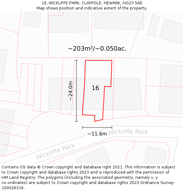 16, WICKLIFFE PARK, CLAYPOLE, NEWARK, NG23 5AE: Plot and title map