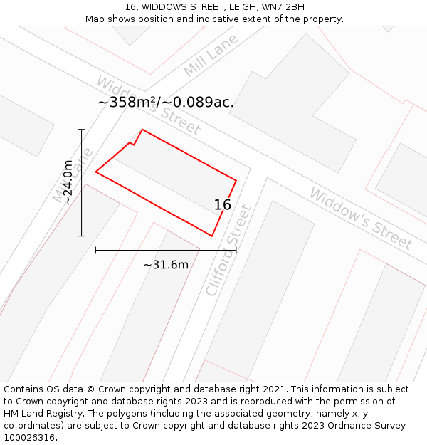 16, WIDDOWS STREET, LEIGH, WN7 2BH: Plot and title map