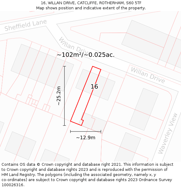 16, WILLAN DRIVE, CATCLIFFE, ROTHERHAM, S60 5TF: Plot and title map