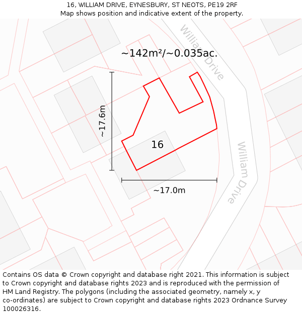 16, WILLIAM DRIVE, EYNESBURY, ST NEOTS, PE19 2RF: Plot and title map