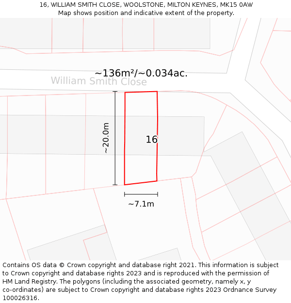16, WILLIAM SMITH CLOSE, WOOLSTONE, MILTON KEYNES, MK15 0AW: Plot and title map