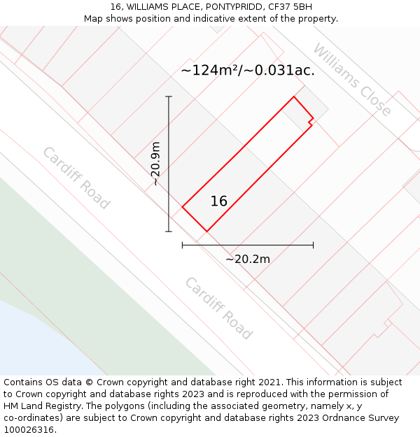 16, WILLIAMS PLACE, PONTYPRIDD, CF37 5BH: Plot and title map