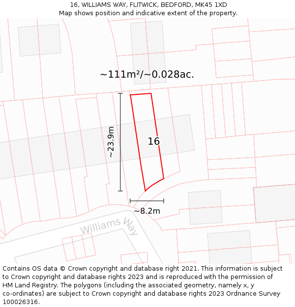 16, WILLIAMS WAY, FLITWICK, BEDFORD, MK45 1XD: Plot and title map
