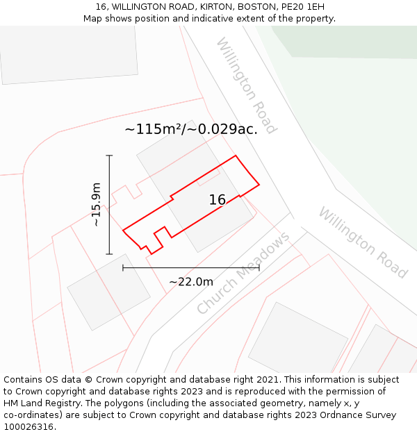16, WILLINGTON ROAD, KIRTON, BOSTON, PE20 1EH: Plot and title map