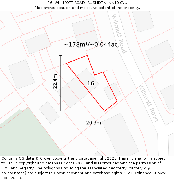 16, WILLMOTT ROAD, RUSHDEN, NN10 0YU: Plot and title map