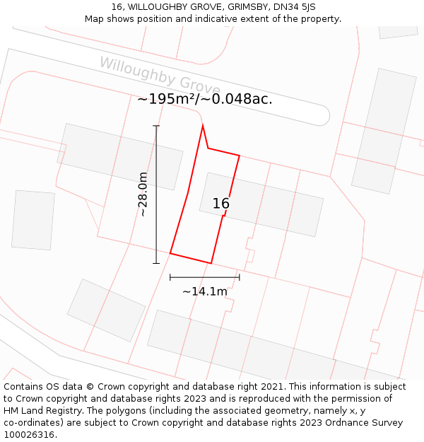16, WILLOUGHBY GROVE, GRIMSBY, DN34 5JS: Plot and title map