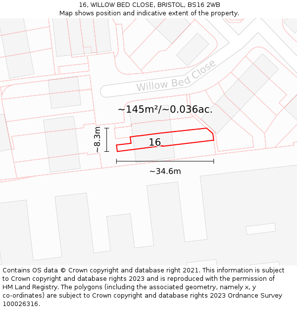 16, WILLOW BED CLOSE, BRISTOL, BS16 2WB: Plot and title map