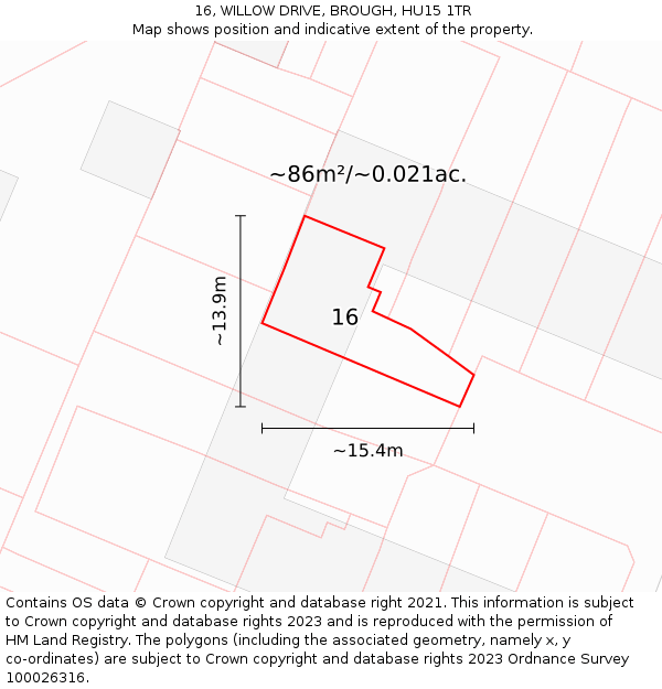 16, WILLOW DRIVE, BROUGH, HU15 1TR: Plot and title map