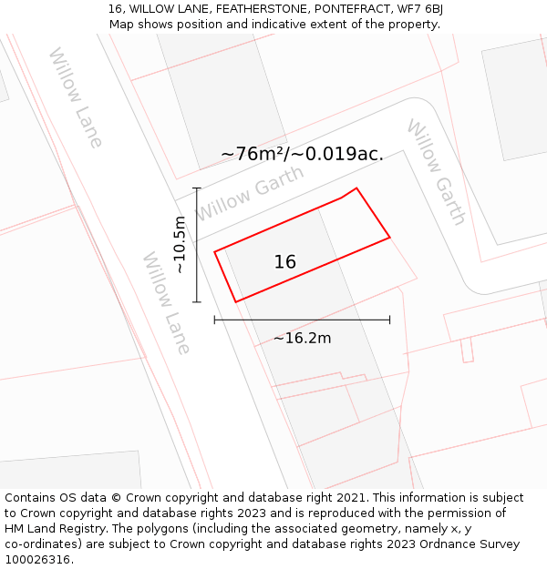 16, WILLOW LANE, FEATHERSTONE, PONTEFRACT, WF7 6BJ: Plot and title map