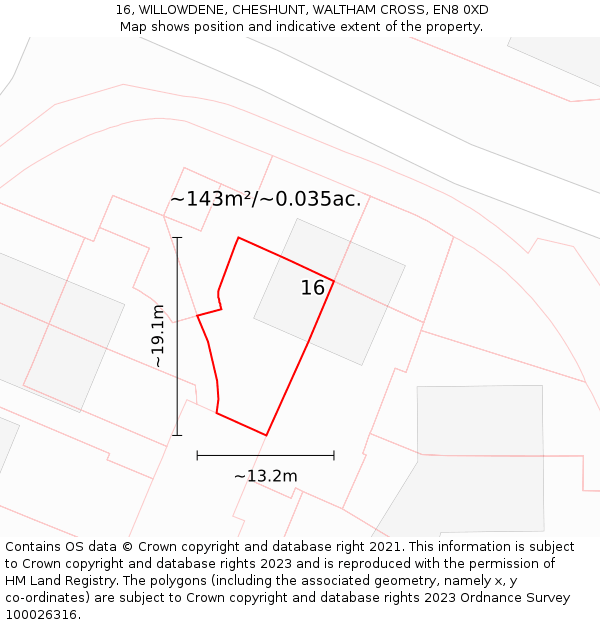 16, WILLOWDENE, CHESHUNT, WALTHAM CROSS, EN8 0XD: Plot and title map
