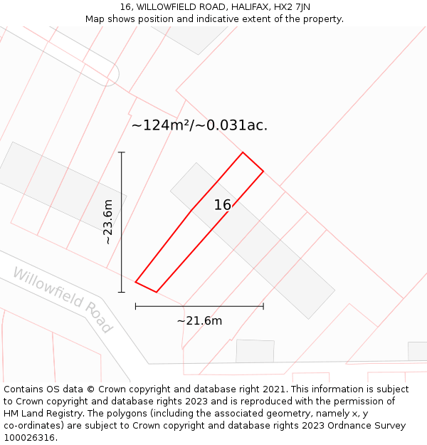16, WILLOWFIELD ROAD, HALIFAX, HX2 7JN: Plot and title map