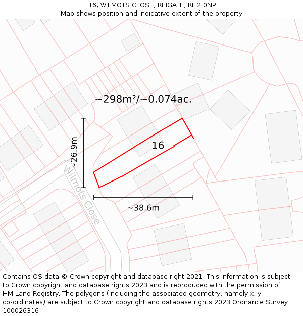 16, WILMOTS CLOSE, REIGATE, RH2 0NP: Plot and title map