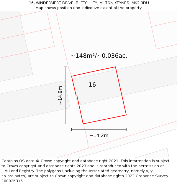16, WINDERMERE DRIVE, BLETCHLEY, MILTON KEYNES, MK2 3DU: Plot and title map