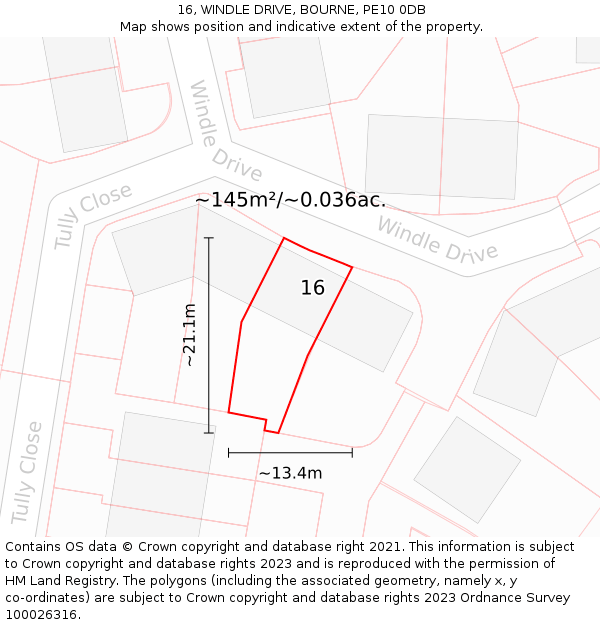 16, WINDLE DRIVE, BOURNE, PE10 0DB: Plot and title map