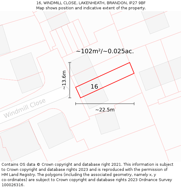 16, WINDMILL CLOSE, LAKENHEATH, BRANDON, IP27 9BF: Plot and title map