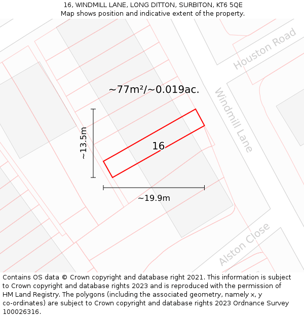 16, WINDMILL LANE, LONG DITTON, SURBITON, KT6 5QE: Plot and title map