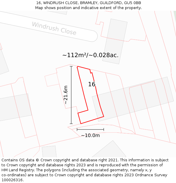 16, WINDRUSH CLOSE, BRAMLEY, GUILDFORD, GU5 0BB: Plot and title map