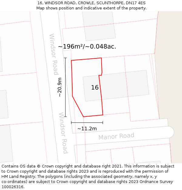16, WINDSOR ROAD, CROWLE, SCUNTHORPE, DN17 4ES: Plot and title map