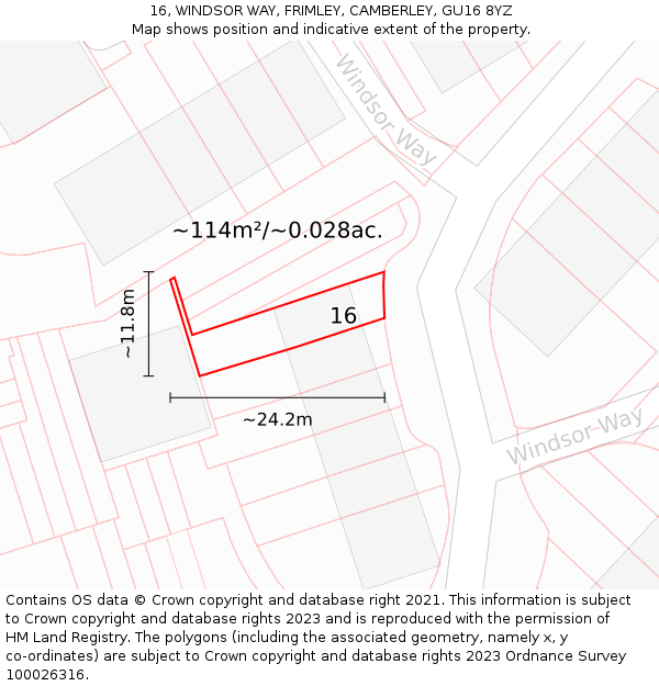 16, WINDSOR WAY, FRIMLEY, CAMBERLEY, GU16 8YZ: Plot and title map