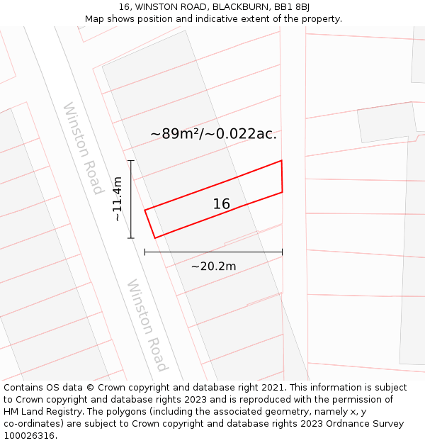 16, WINSTON ROAD, BLACKBURN, BB1 8BJ: Plot and title map