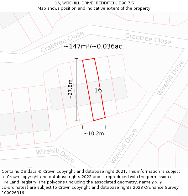16, WIREHILL DRIVE, REDDITCH, B98 7JS: Plot and title map