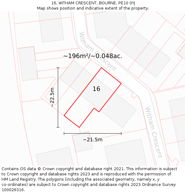 16, WITHAM CRESCENT, BOURNE, PE10 0YJ: Plot and title map