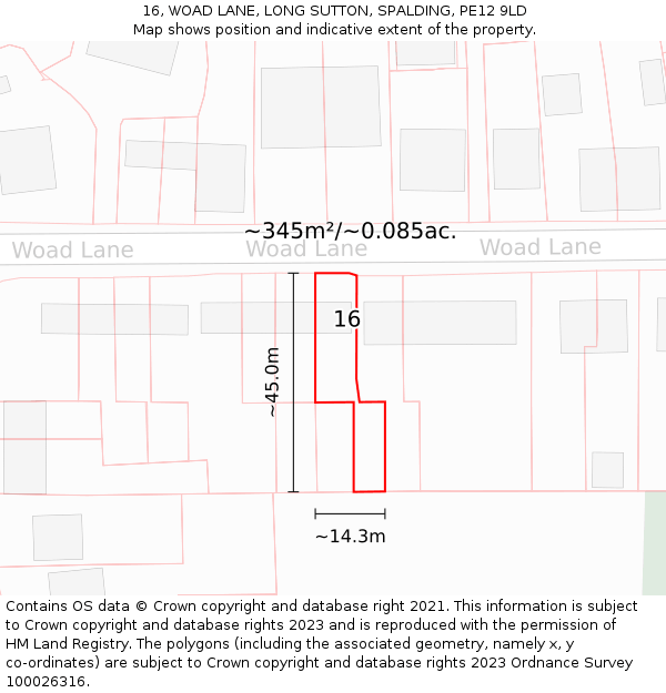 16, WOAD LANE, LONG SUTTON, SPALDING, PE12 9LD: Plot and title map