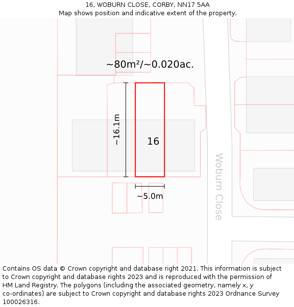 16, WOBURN CLOSE, CORBY, NN17 5AA: Plot and title map