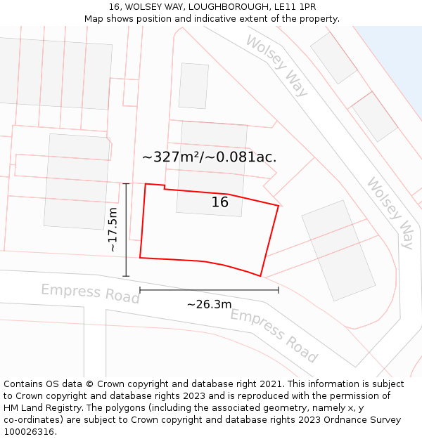 16, WOLSEY WAY, LOUGHBOROUGH, LE11 1PR: Plot and title map