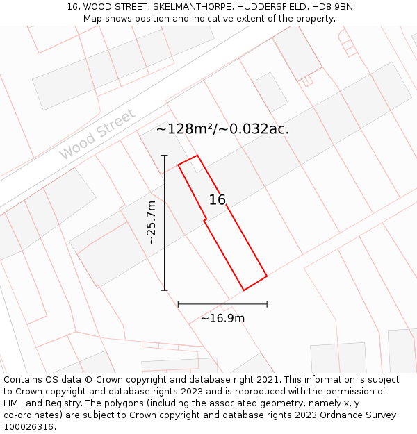 16, WOOD STREET, SKELMANTHORPE, HUDDERSFIELD, HD8 9BN: Plot and title map